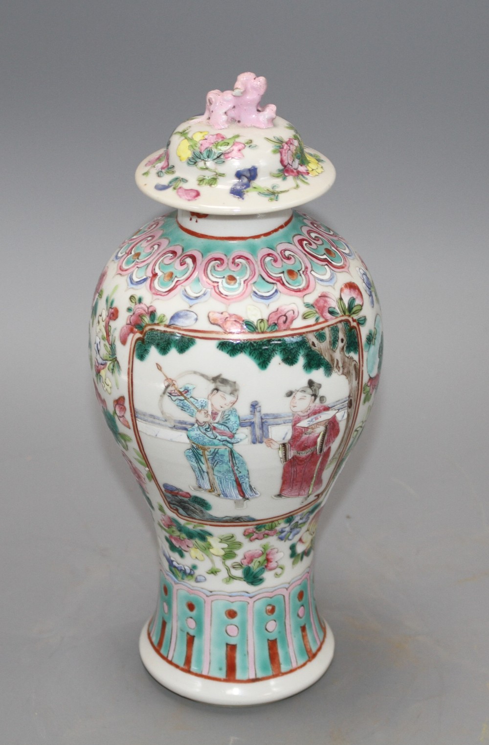 A 19th century Chinese famille rose baluster vase and cover, height 24cm